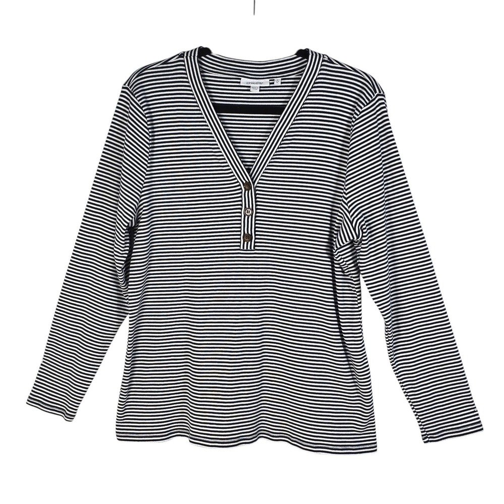 Chicos Womens Navy White Striped Ribbed Henley Top V-Neck Long Sleeve Size 3 XL